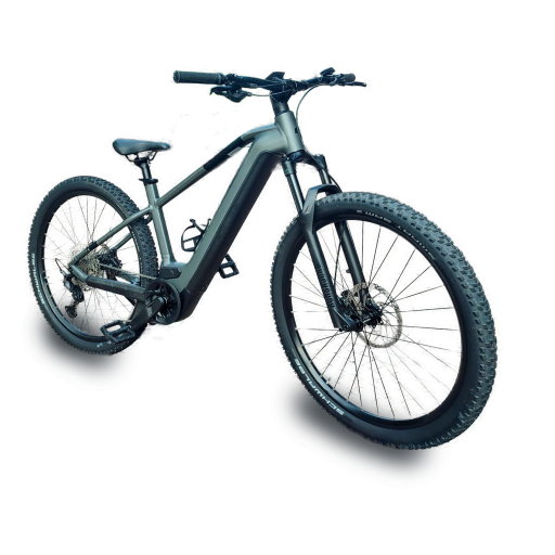 Ein stilisiertes Mountainbike mit dunklem Rahmen und großen Rädern vor schwarzem Hintergrund.